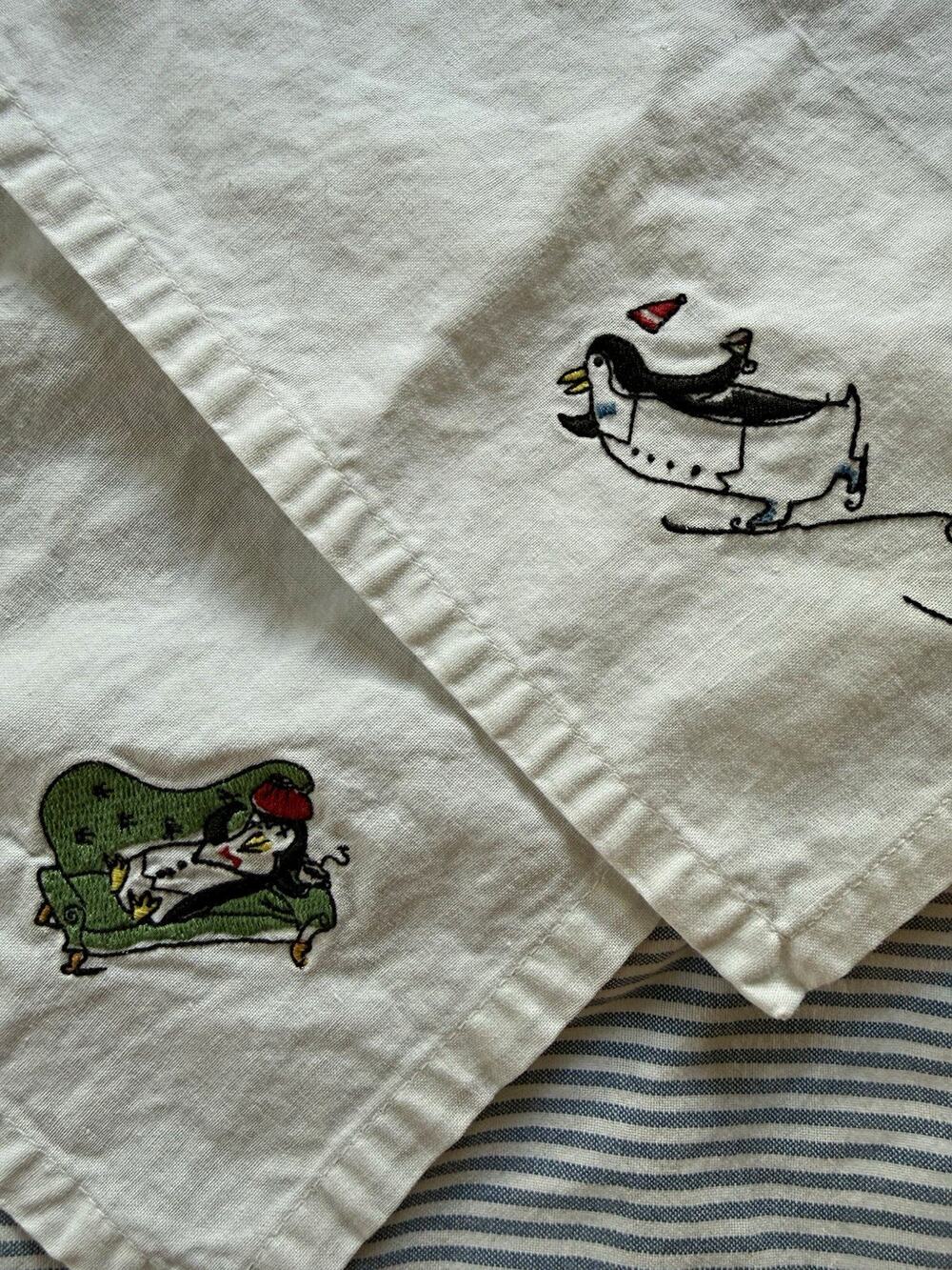 Pottery Barn White Cotton Embroidered Penguin Napkins, Set of 2 Square